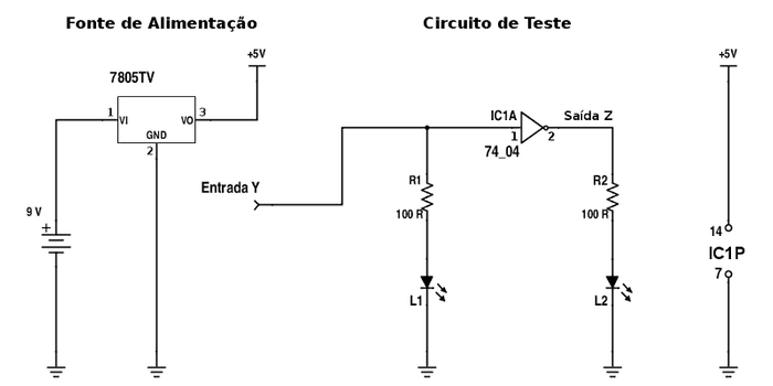 Diagrama do circuito de teste da porta NOT com 7404